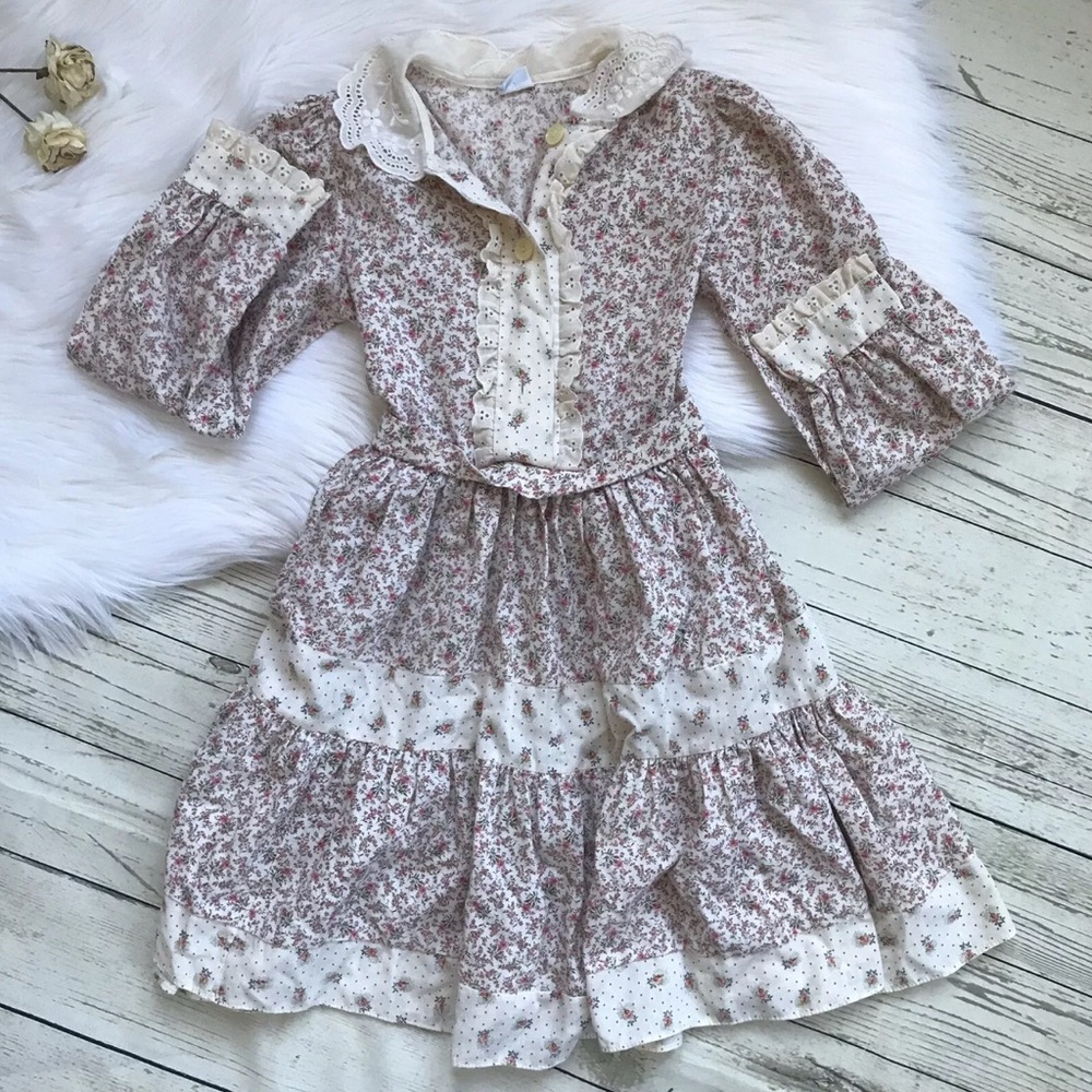 Vintage Bryan Girls Dress Floral Print Belted Girls 12 Months 2T GUC Lace Detail
